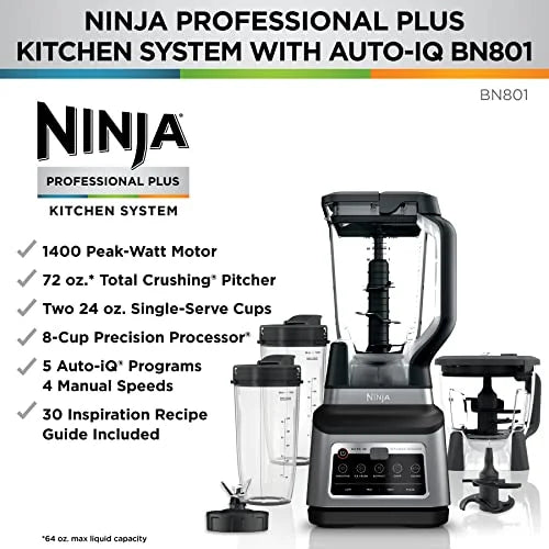 Ninja Professional Plus Kitchen System 1400 WP, 72-oz Blender Pitcher, 64-oz Processor Bowl, 2 24-oz To-Go Cups - BN801