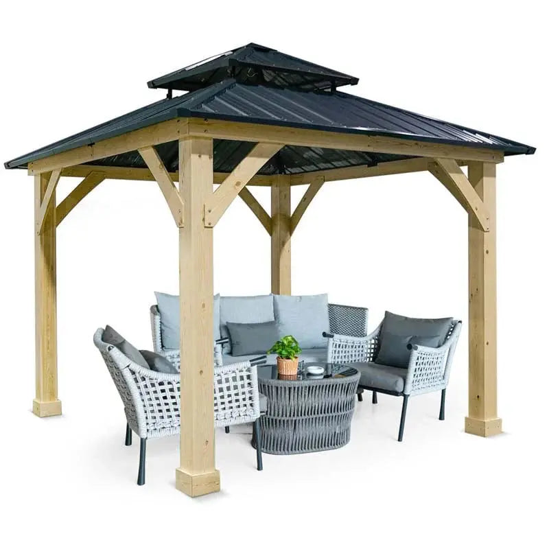 Hardtop Patio Gazebo, 10 x 10 FT, Gray, Wood And Steel