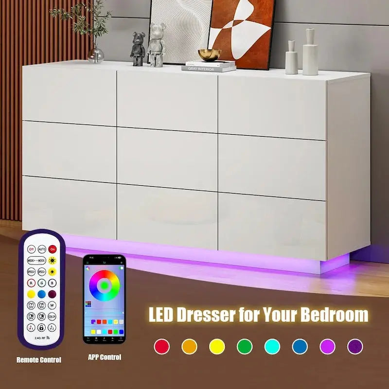 9-Drawer MDF Dresser With LED Lights, 15.7 W x 55.1 L x 30.3 H