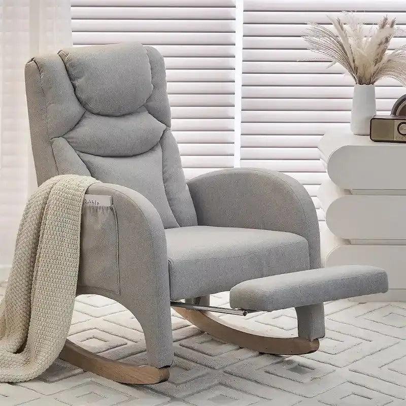 Ergonomic Fabric Nursery Rocking Chair With Adjustable Footrest And Gentle Recline - 37.6-49.2D 26W 39H