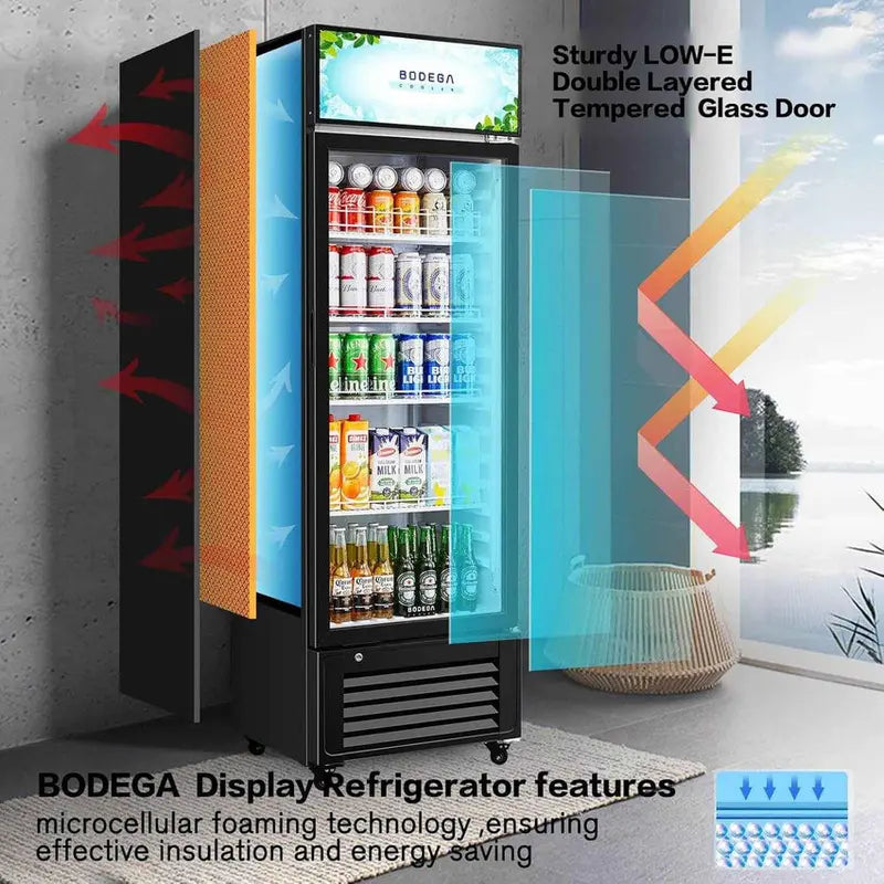 BODEGACOOLER Commercial Glass-Door Refrigerated Display Case, 11.3 Cu. Ft., 1 Door - SC-330FA-BK