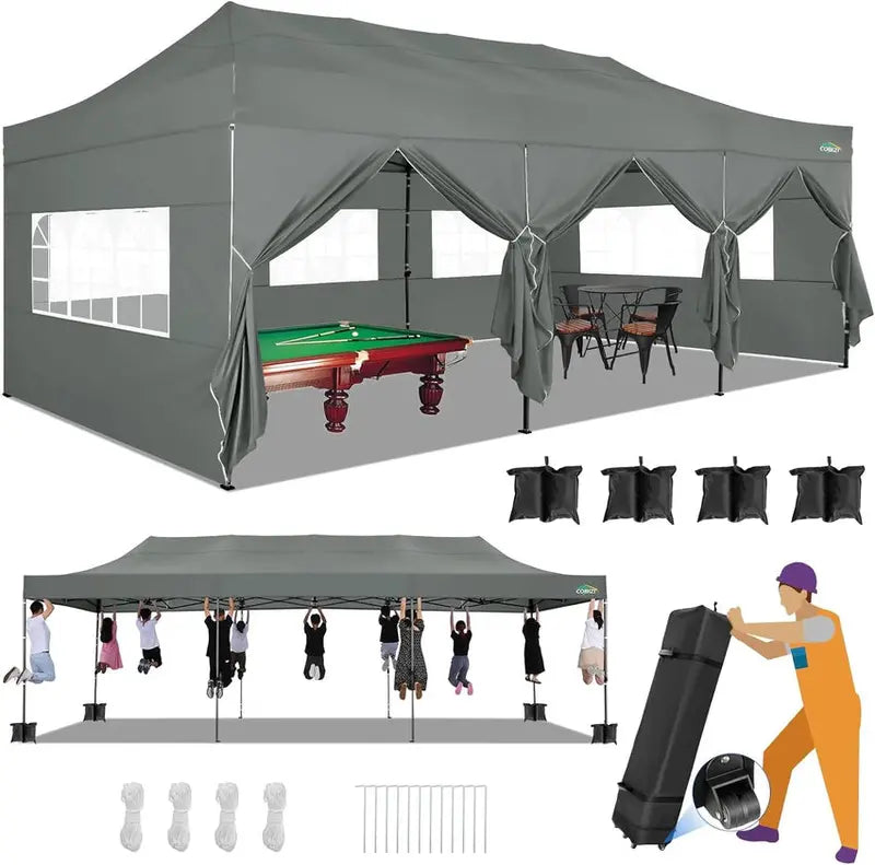 COBIZI 10x20 ft Commercial Pop-Up Canopy Tent With 6 Sidewalls And Roller Bag