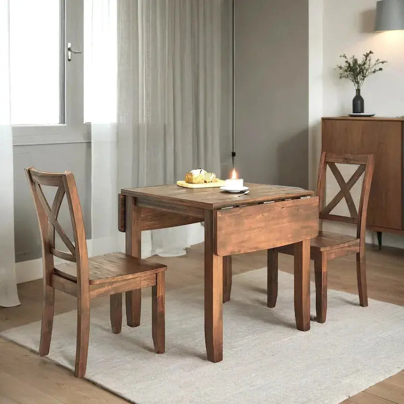 3-Piece Drop-Leaf Wood Dining Table Set With 2 X-Back Chairs - Brown