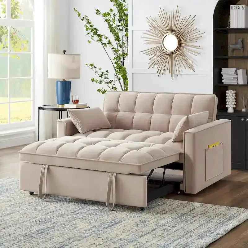 Velvet Pull-Out Sleeper Loveseat - Convertible Reclining Couch With Dual Side Storage Pockets
