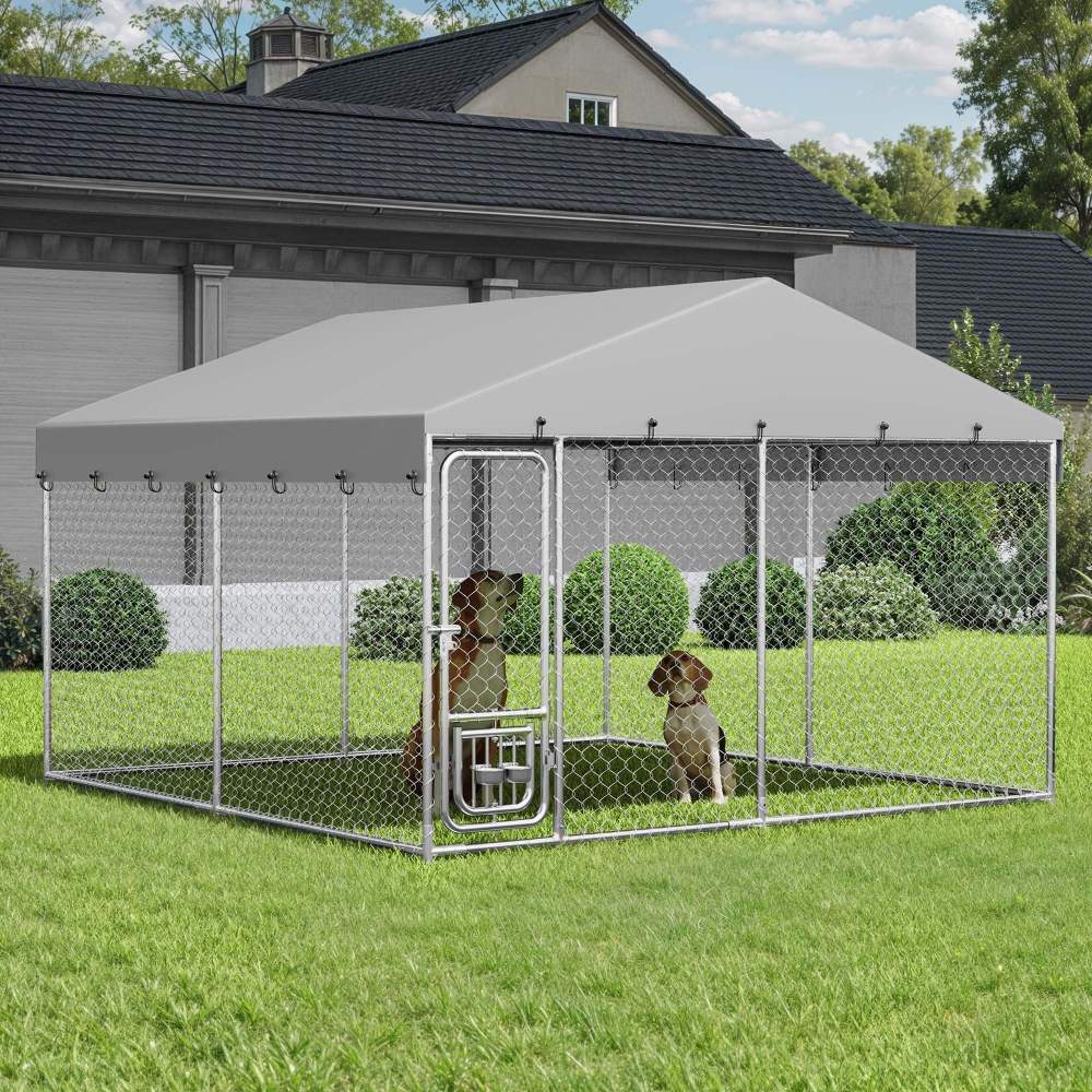 Dextrus Outdoor Dog Kennel Enclosure With Roof And Rotating Feeder Bowls, 10'x10', Silver
