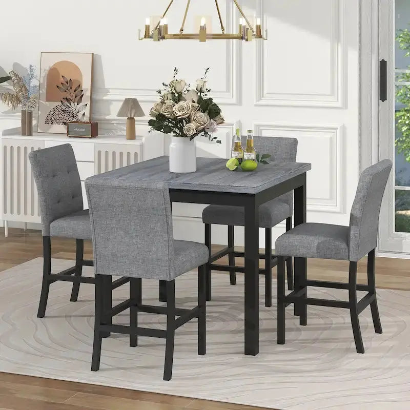 5-Piece Counter-Height Dining Set With Solid Wood Table And 4 Padded High-Back Chairs