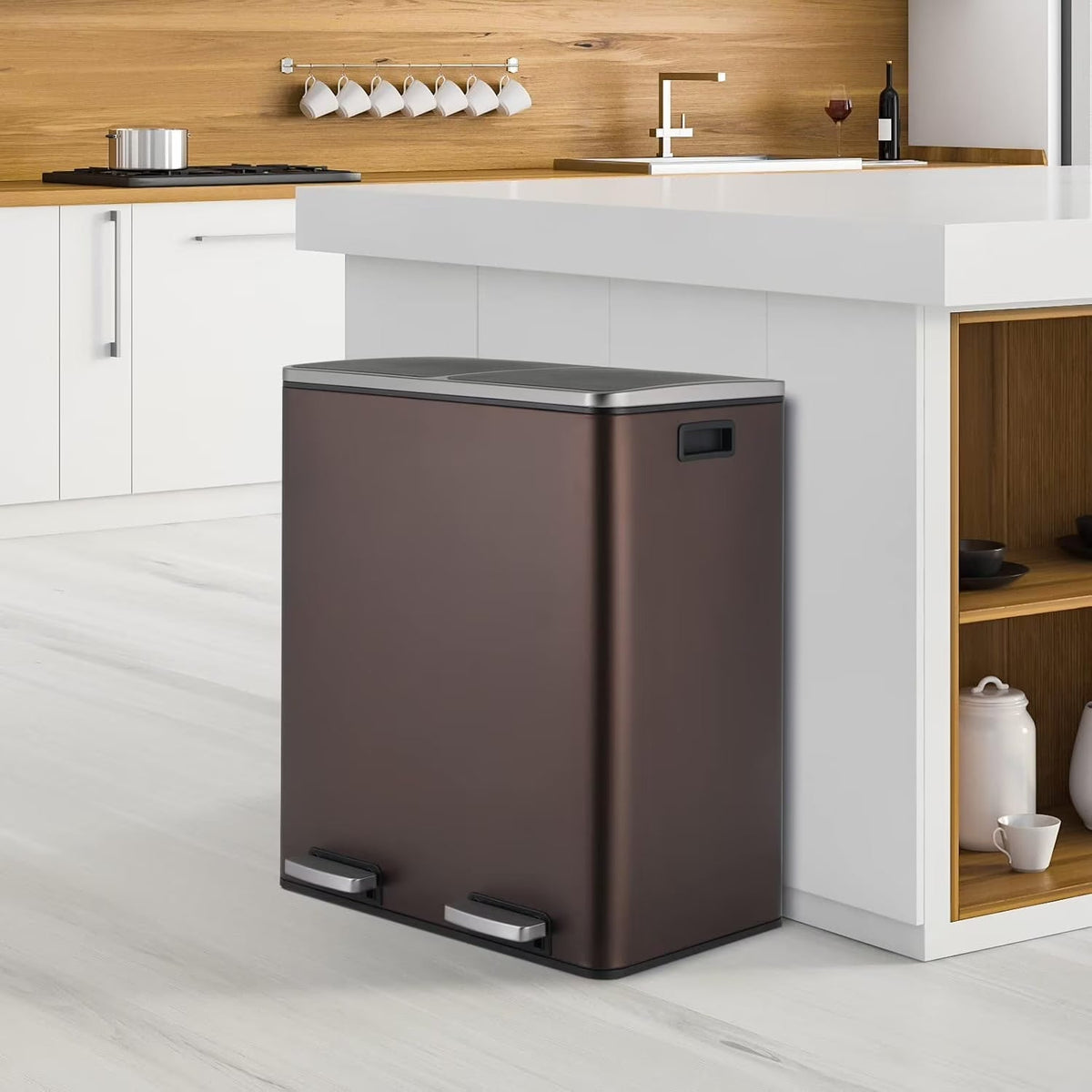 Arlopu Dual Kitchen Trash Can, 60 L/16 gal, Stainless Steel, Black