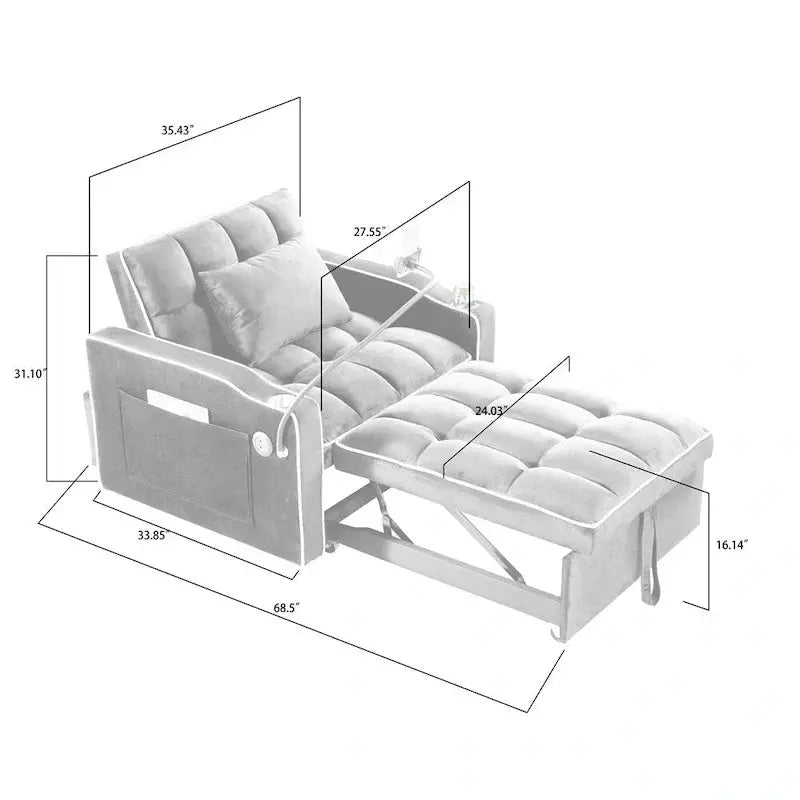 Convertible Sleeper Chair With USB And Type-C Ports - Black Or Grey