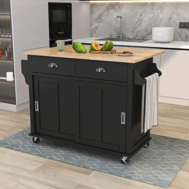 Rubberwood Kitchen Island Cart With Drop-Leaf Countertop, Concealed Barn Door Storage And 4 Locking Casters - 52.2 x 30.5 x 36.6 Inches
