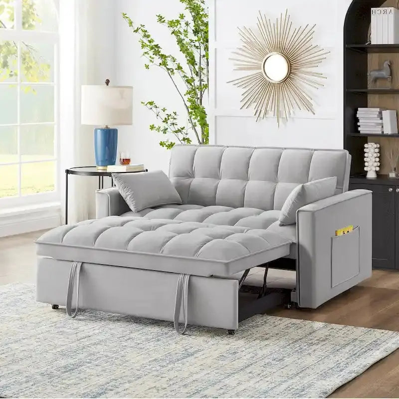Tufted Loveseat Sofa Bed - Pull-Out Sleeper With Adjustable Backrest And Storage Pockets