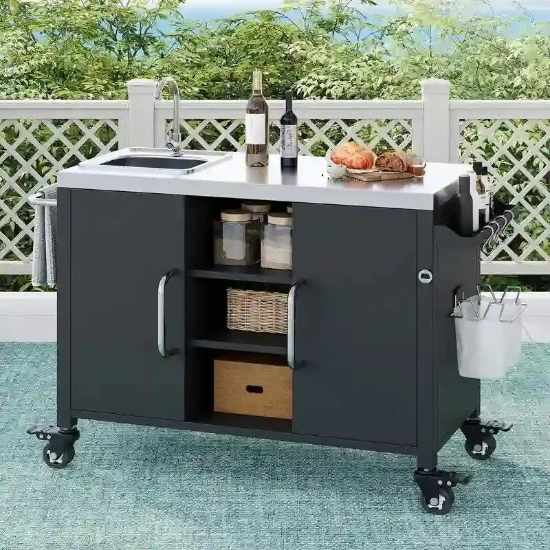 Outdoor Kitchen Island Mobile Bar Cart Station With Built-In Sink And Locking Casters