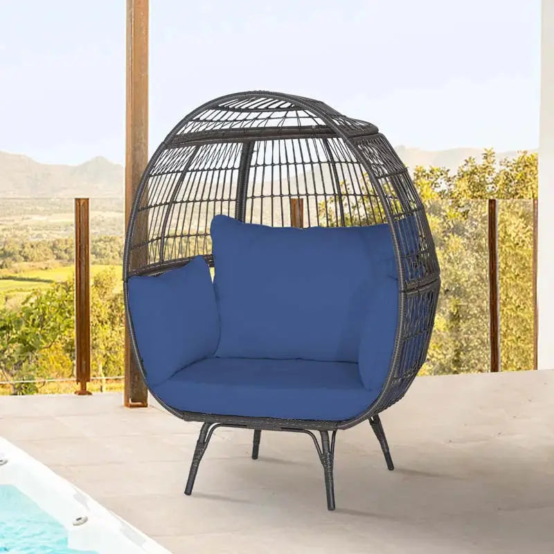 Oversized Wicker Egg Lounge Chair With Four Cushions - Steel-Framed Indoor/Outdoor Basket Seating