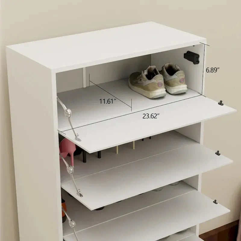 Mirror-Front Shoe Cabinet With Six Flip-Down Drawers And Four Metal Legs