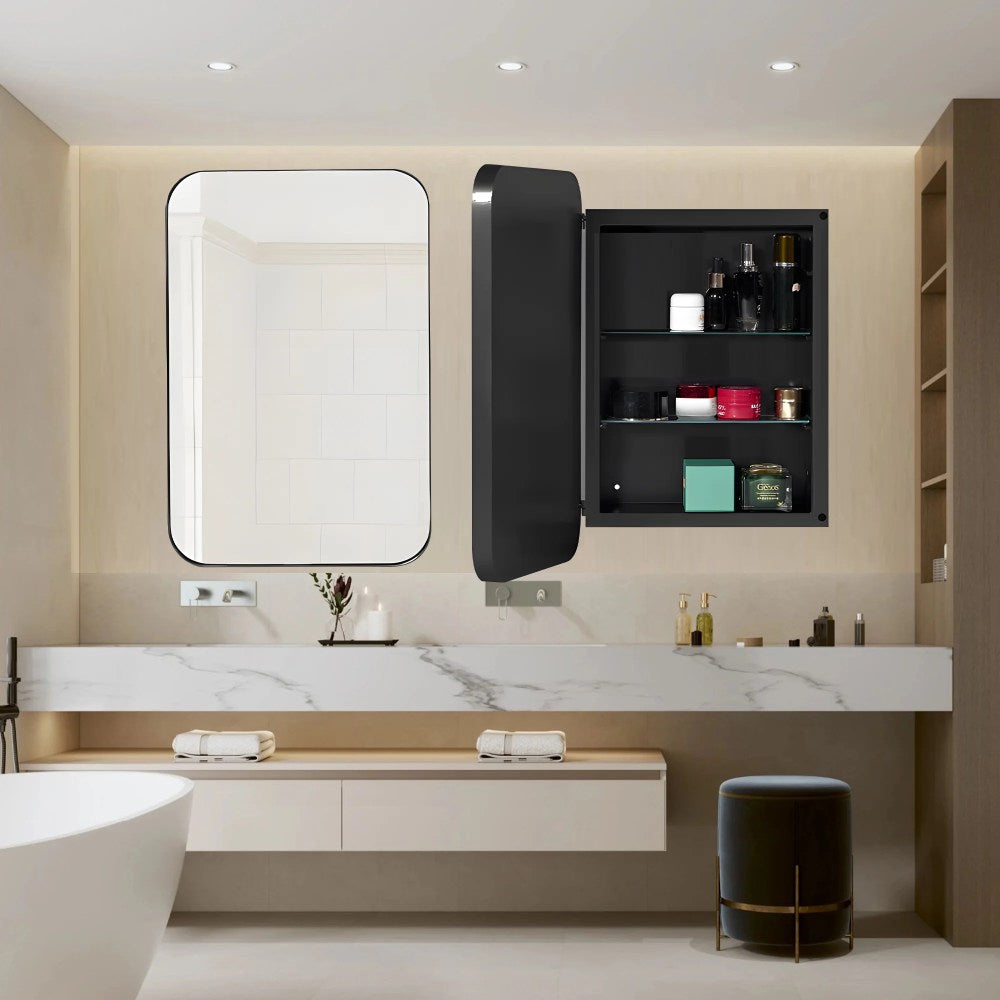 Dalattin Metal Bathroom Medicine Cabinet With Mirror, Recessed Or Wall Mounted, 16x24 Inch, Black