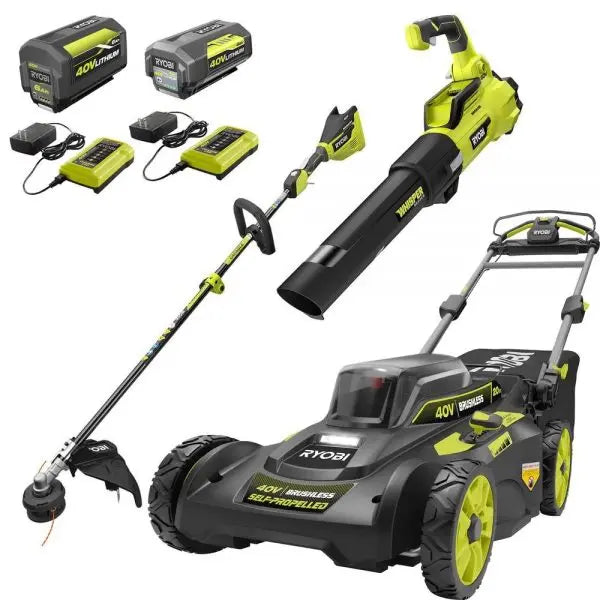 Ryobi 40V Brushless 20 in Self-Propelled Lawn Mower, Trimmer And Blower Kit With Dual Batteries And Chargers - RY401120-Y RY40270 RY40407BTLVNM
