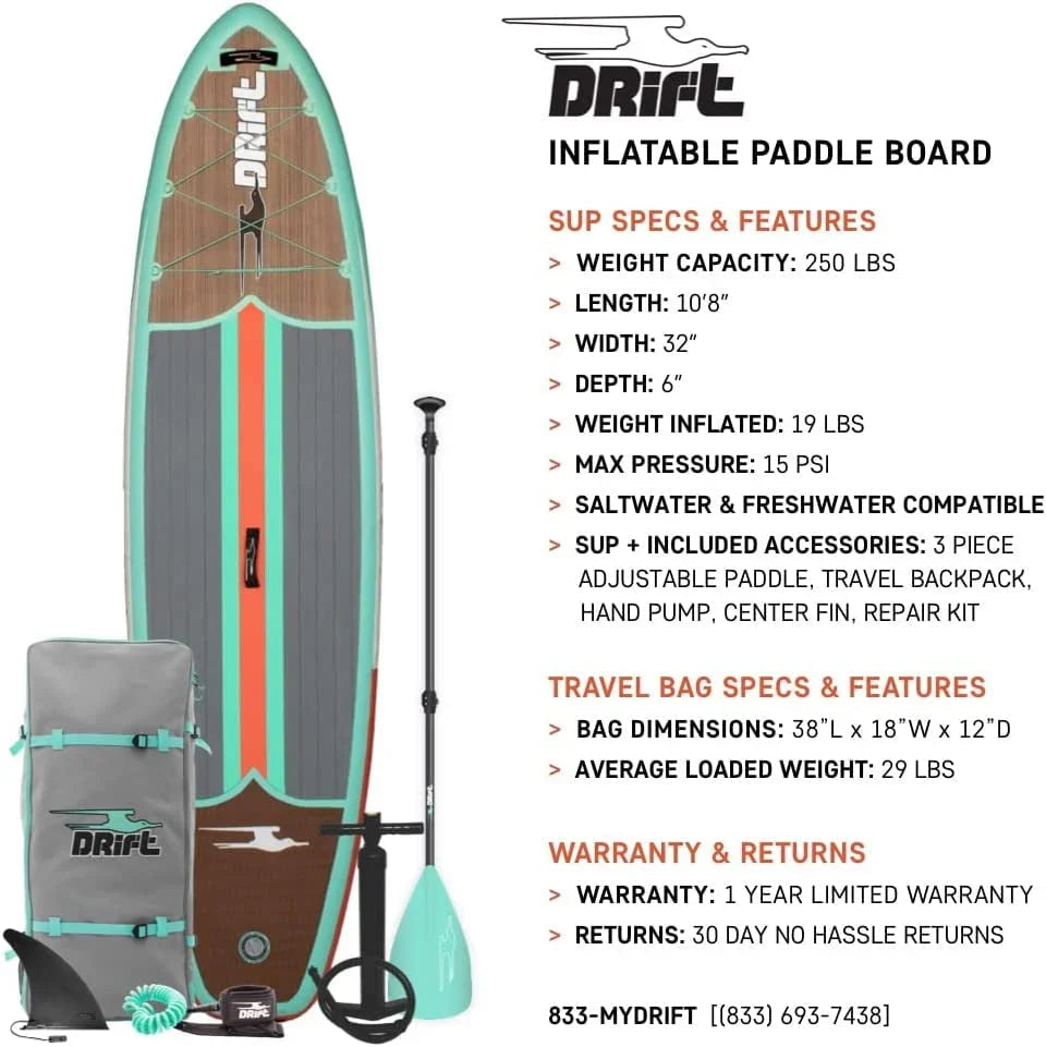 Drift Aero Inflatable Stand Up Paddle Board With Accessories, Classic Woodgrain, Adult, 10'8"