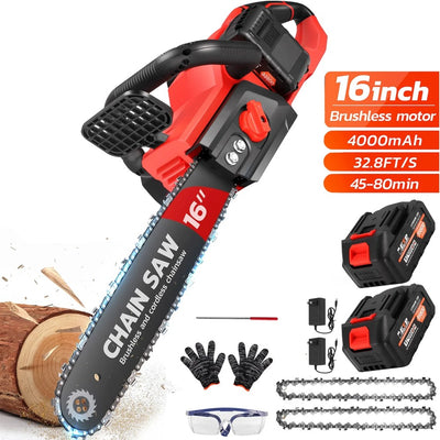 16 Inch 42V Brushless Cordless Chainsaw Kit, 1200W With 2x2000mAh Batteries And 2 Chains