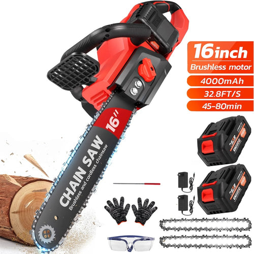 16 Inch 42V Brushless Cordless Chainsaw Kit, 1200W With 2x2000mAh Batteries And 2 Chains
