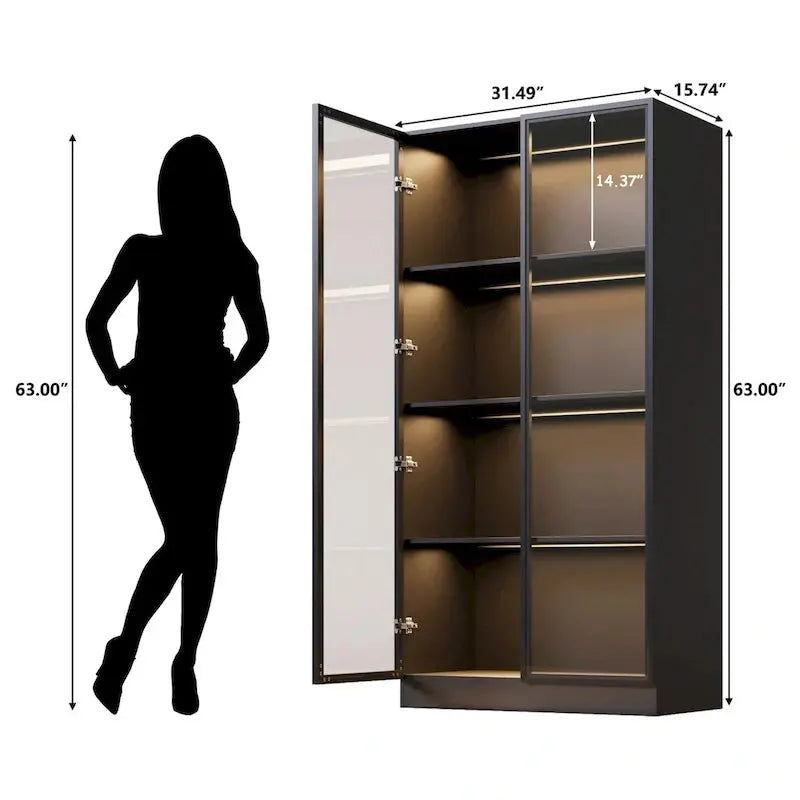 Glass-Front Display Cabinet With Tempered Glass Doors And 4-Tier Adjustable Shelving