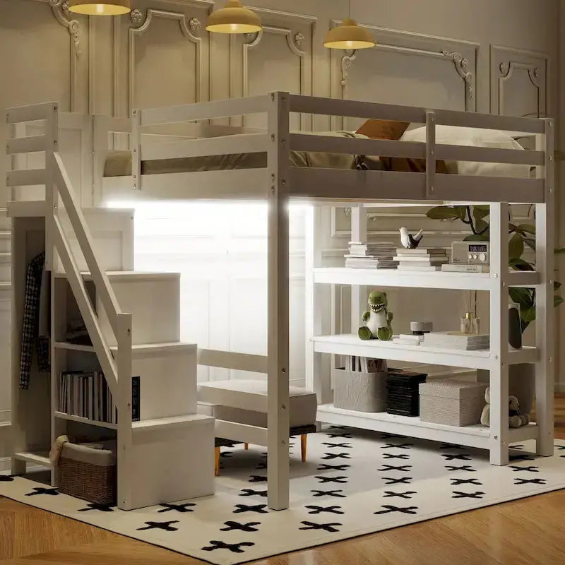 Full/Twin Loft Bed With Integrated Staircase Storage, Wardrobe And LED Lighting