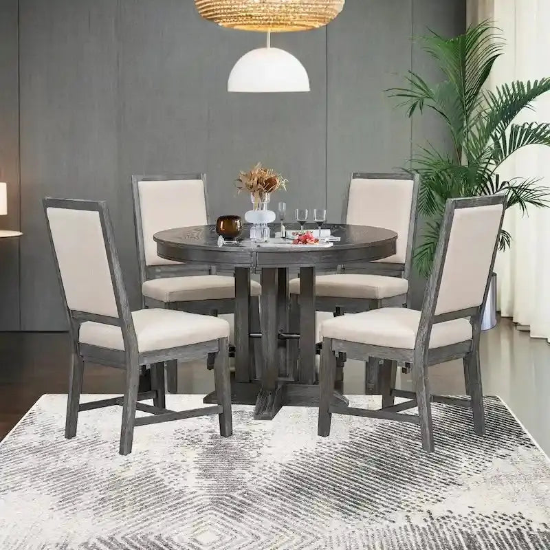 Farmhouse Extendable Round Dining Table Set With 4 Upholstered Chairs - 5-Piece