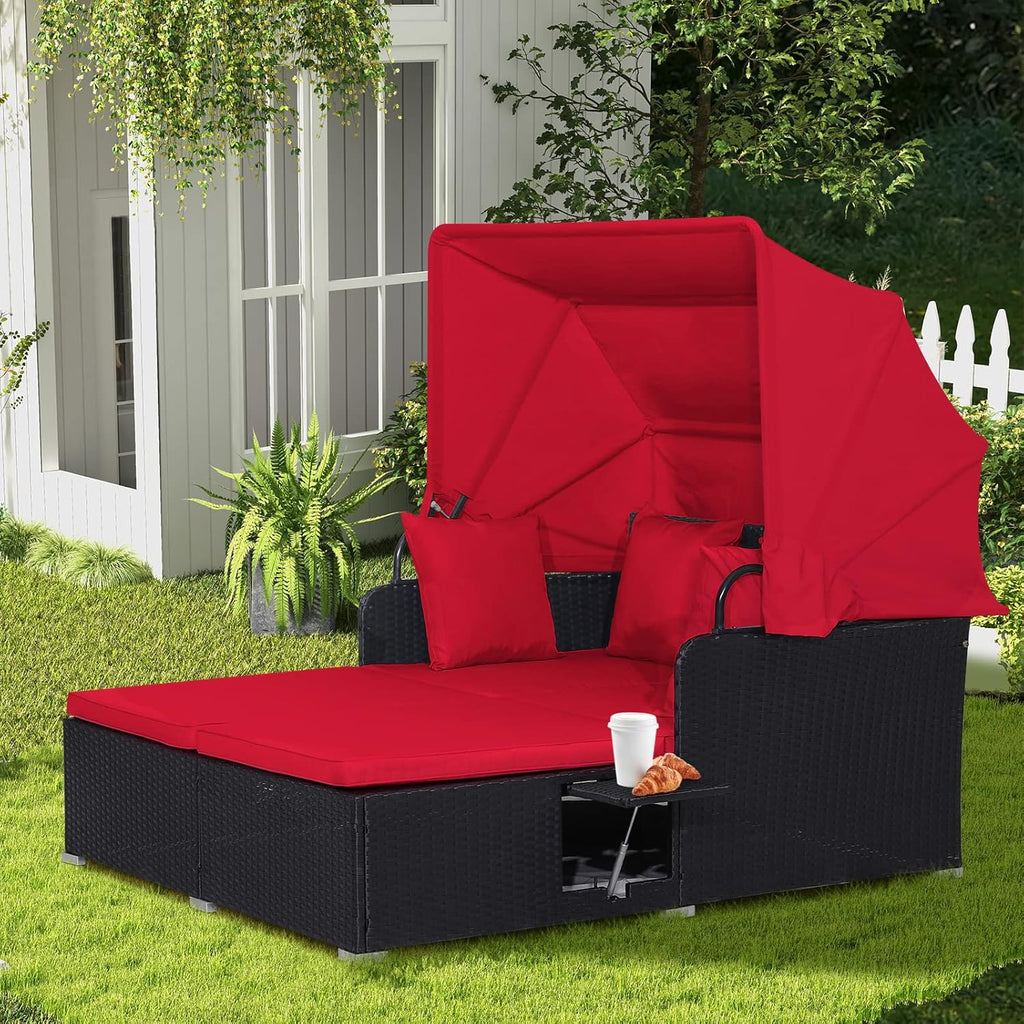 RELAX4LIFE Patio Daybed With Canopy, Cushions, 4 Pillows And 2 Side Trays, Turquoise - B0BYSN7GC7