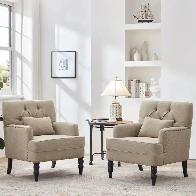 Set Of 2 Button-Tufted Upholstered Accent Armchairs With Lumbar Support Pillows