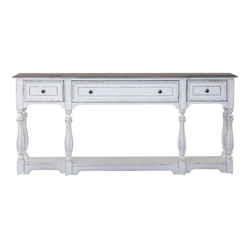 Magnolia Manor Hall Console Table, 72 in, Antique White And Weathered Bark Finish