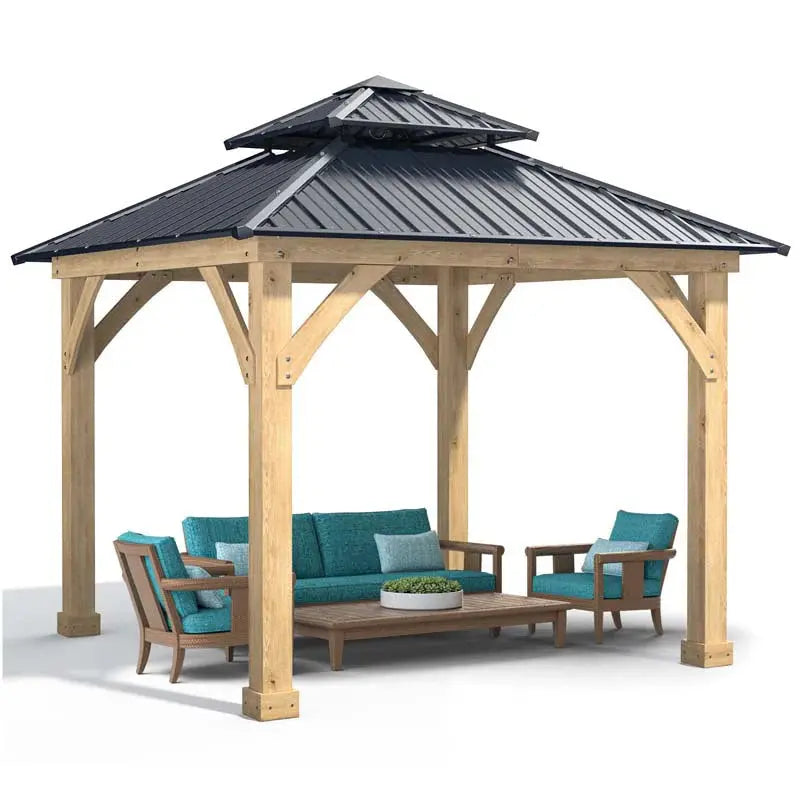 Hardtop Patio Gazebo, 10 x 10 FT, Gray, Wood And Steel