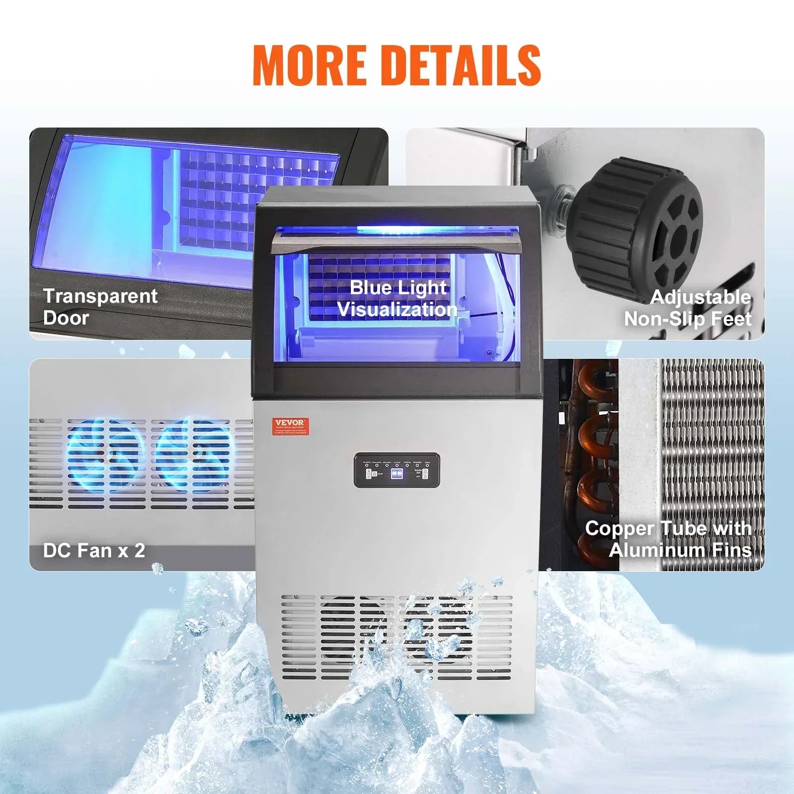 SKYSHALO Commercial Ice Maker, 110V, 110 Lbs/24h, 24 Lbs Bin, Stainless Steel