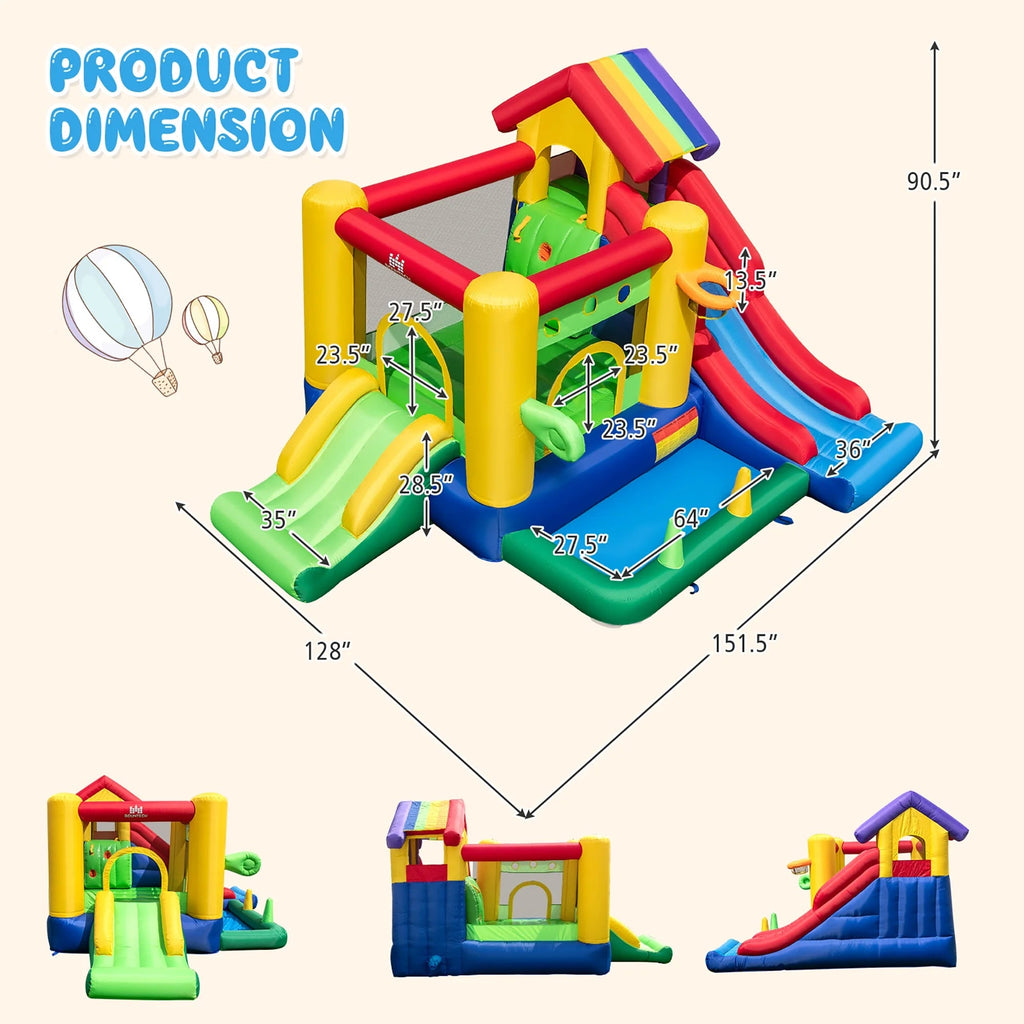 Costway 7-In-1 Rainbow Kids Inflatable Bounce Castle, 151.5 x 128 x 90.5 in, 50 Ocean Balls, 735W Blower