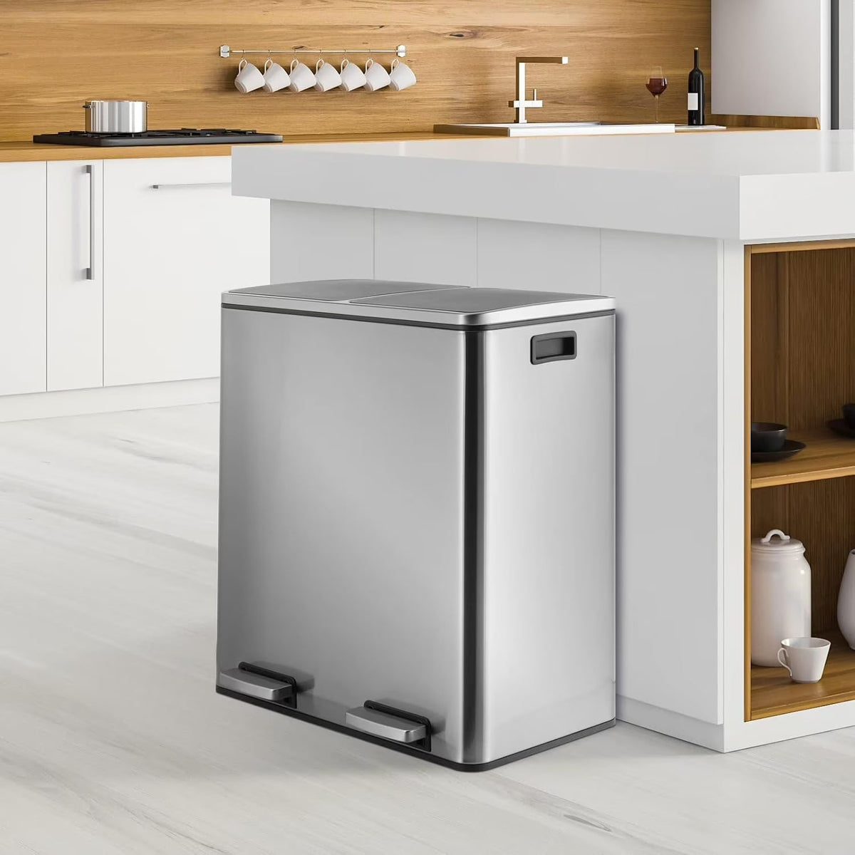Arlopu Dual Kitchen Trash Can, 60 L/16 gal, Stainless Steel, Black