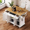 White Rolling Kitchen Island Cart With Drop-Leaf Wood Top, Embossed Finish, Doors And Drawers