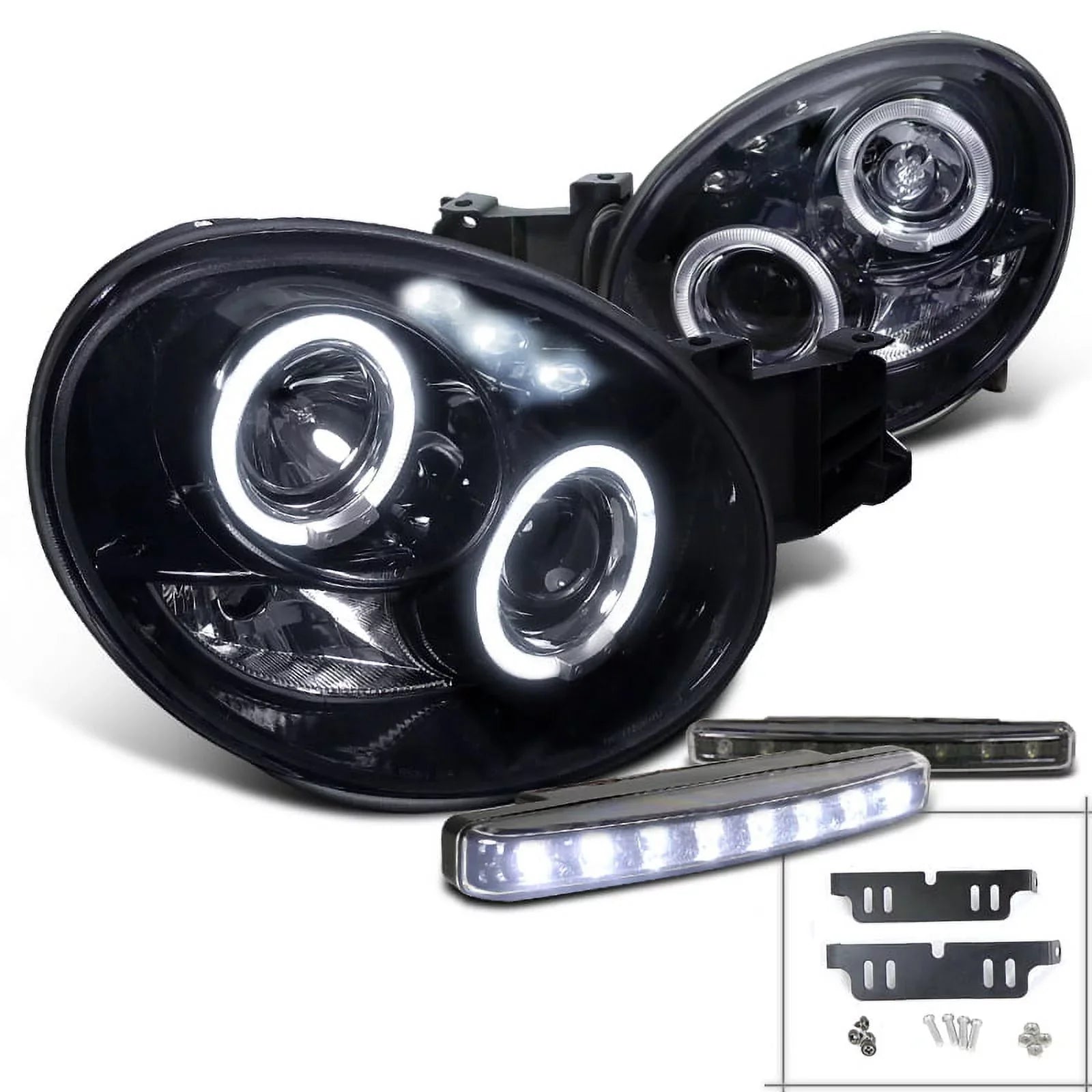 Spec-D Tuning Glossy Black Halo Projector Headlights With Bumper LED Fog Lamps - 2002-2003 Subaru Impreza Left + Right Pair