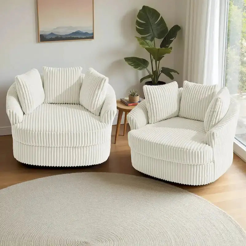 2 Oversized Corduroy Swivel Barrel Chairs, 43.2 W x 39.3 D x 31.4 H