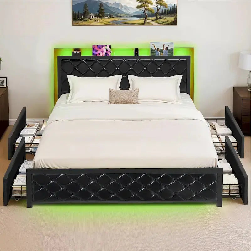 Moasis Queen Upholstered Faux Leather Platform Bed Frame With Headboard, 4 Storage Drawers, RGB LED Lights, USB-C Charging Ports - Black