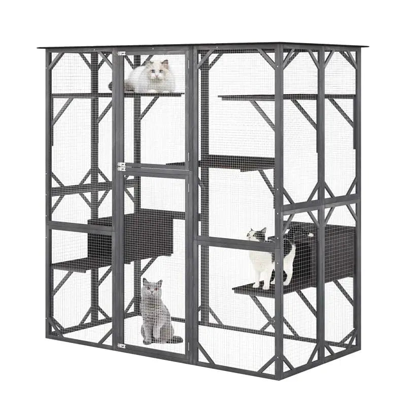 71-Inch Outdoor Wooden Catio Enclosure With 7 Platforms And 2 Condos - Grey