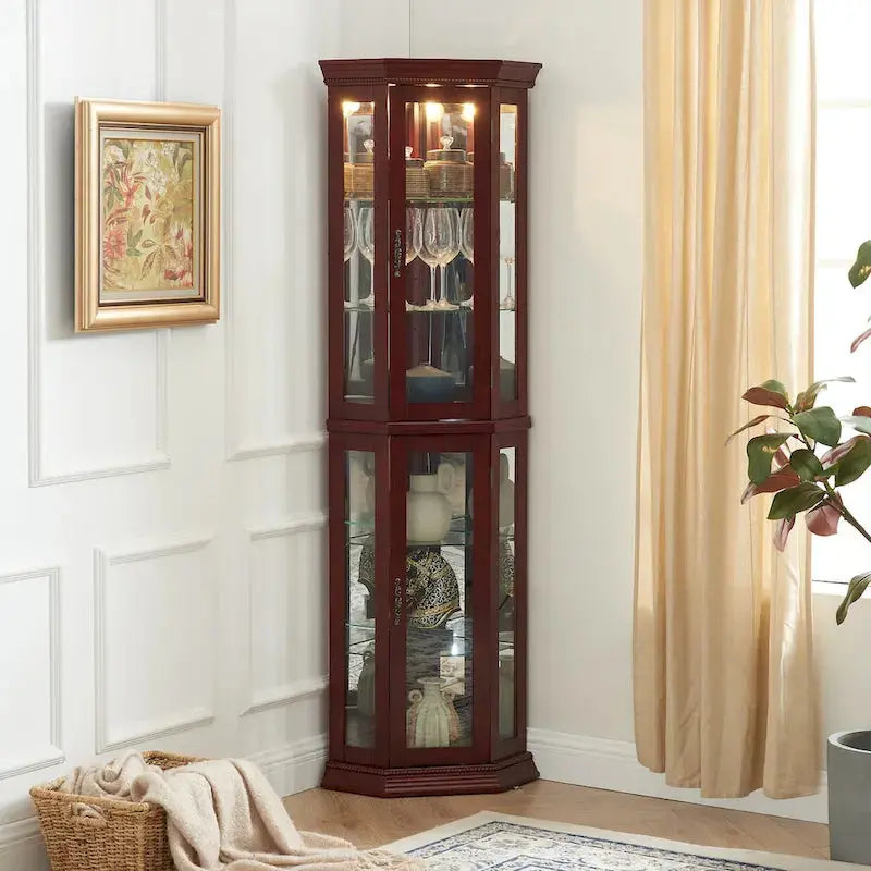 Corner Display Curio Cabinet With Tempered Glass Shelves, Mirrored Back And Built-In Lighting, 69.75H x 21.5W x 16D