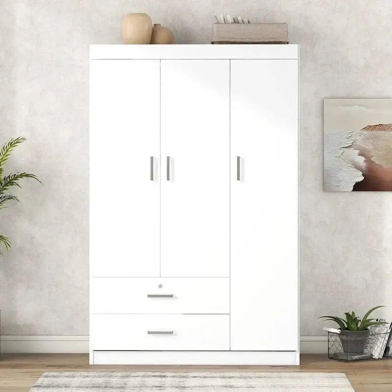 3-Door Wardrobe With Dual Drawers, Shelves And Hanging Rail - 41.3L x 18.5W x 68.2H