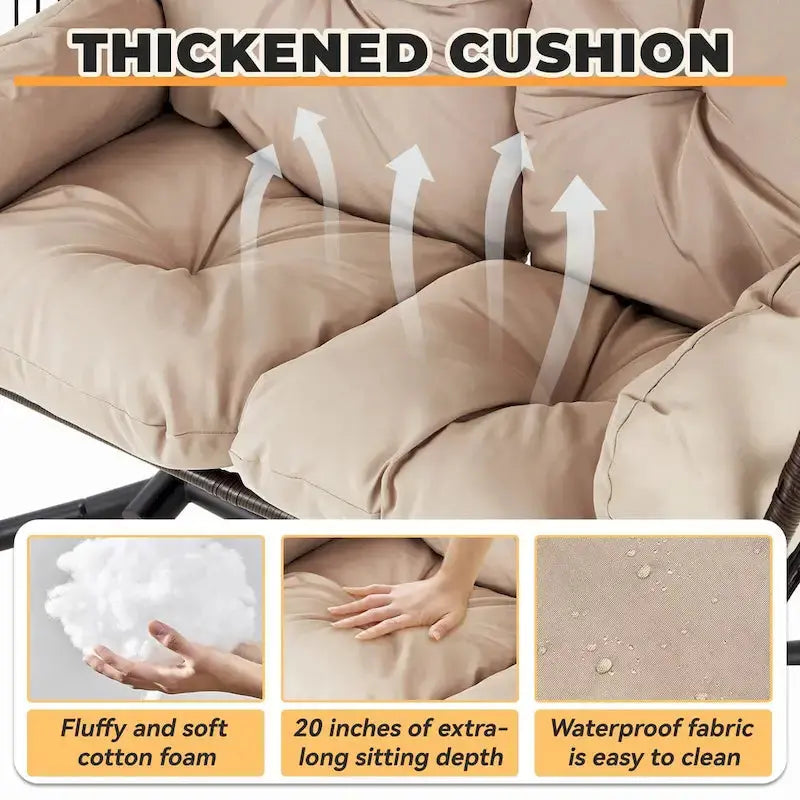 Double Outdoor Swing Loveseat With Stand, Awning And Cushions - Beige