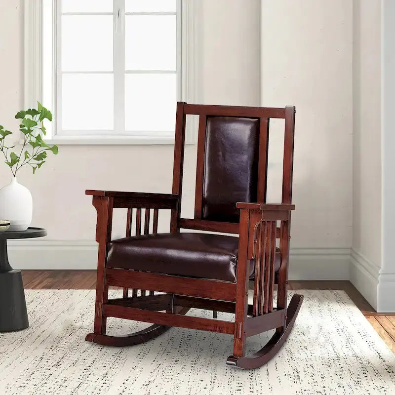 Mission-Style Leather Rocking Chair - Tobacco And Dark Brown Upholstered Seat And Backrest