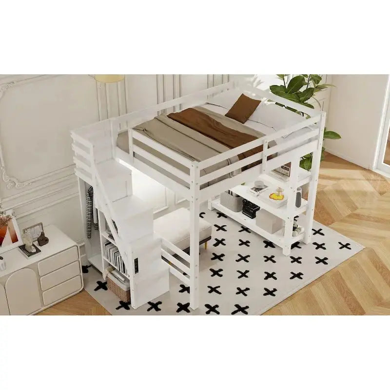 Full/Twin Loft Bed With Integrated Staircase Storage, Wardrobe And LED Lighting