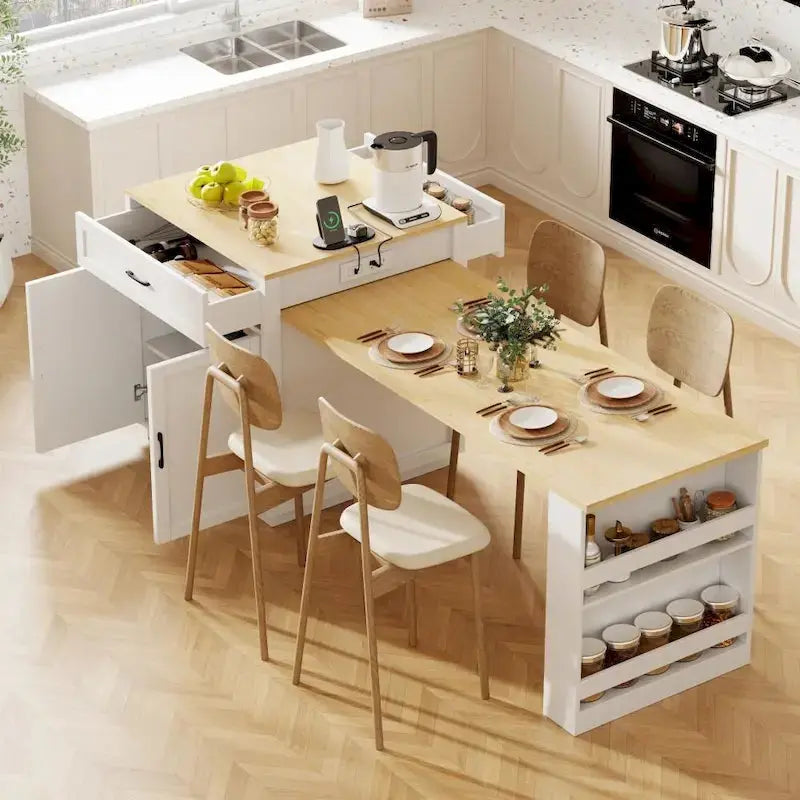 Expandable Wooden Kitchen Island With Drop-Leaf Table And Dual Storage - 82.7 in, 4-6 Person