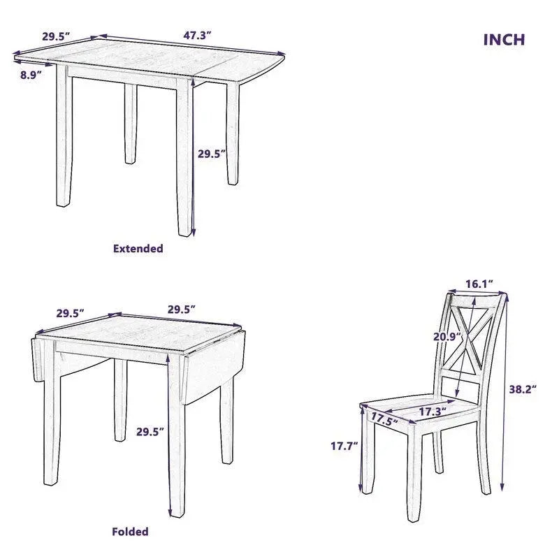 3-Piece Drop-Leaf Wood Dining Table Set With 2 X-Back Chairs - Brown