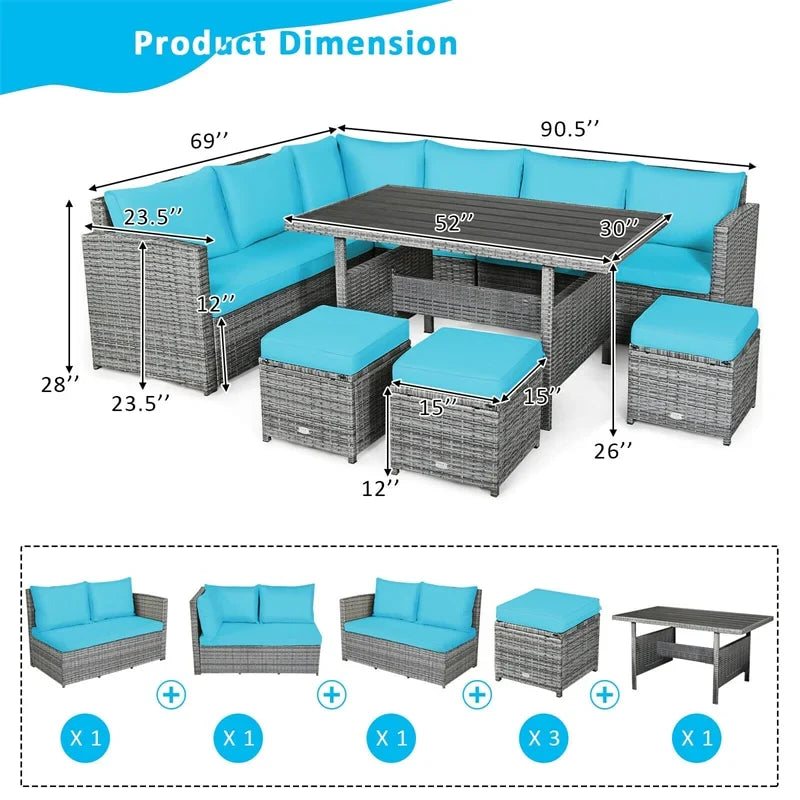 7-Piece Resin Wicker Outdoor Sectional Sofa Set With Dining Table, Ottomans And Cushions