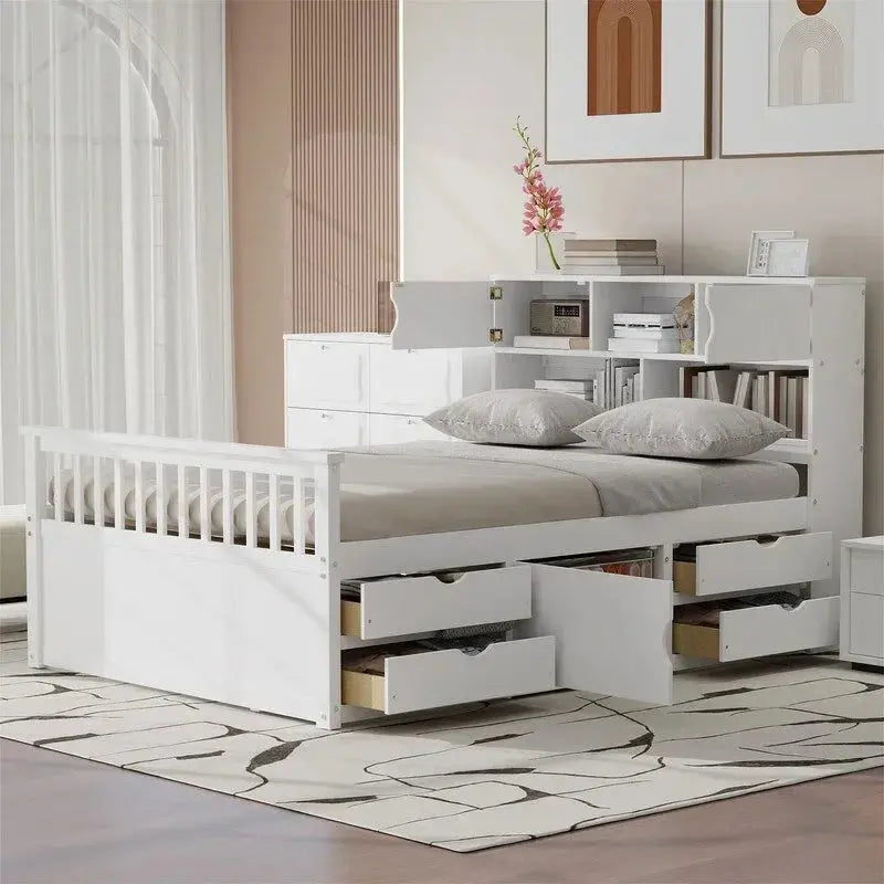 Twin/Full Captain Bed With 4 Drawers And Bookcase Headboard - Solid Wood Platform Frame