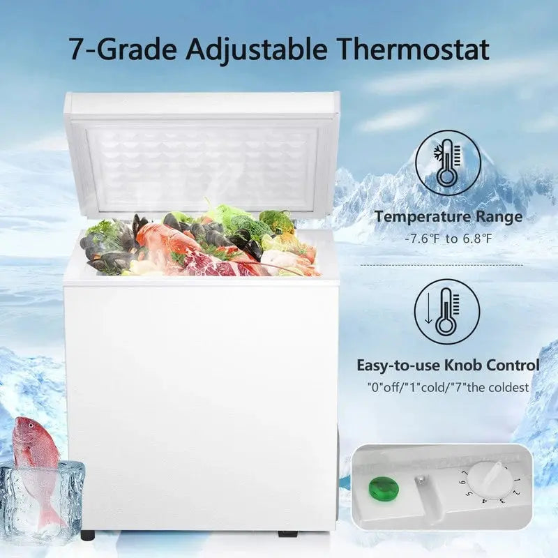 Compact Freestanding Chest Freezer, 1.8 Cu. Ft., Bottom Drain, 7-Tier Thermostat Control