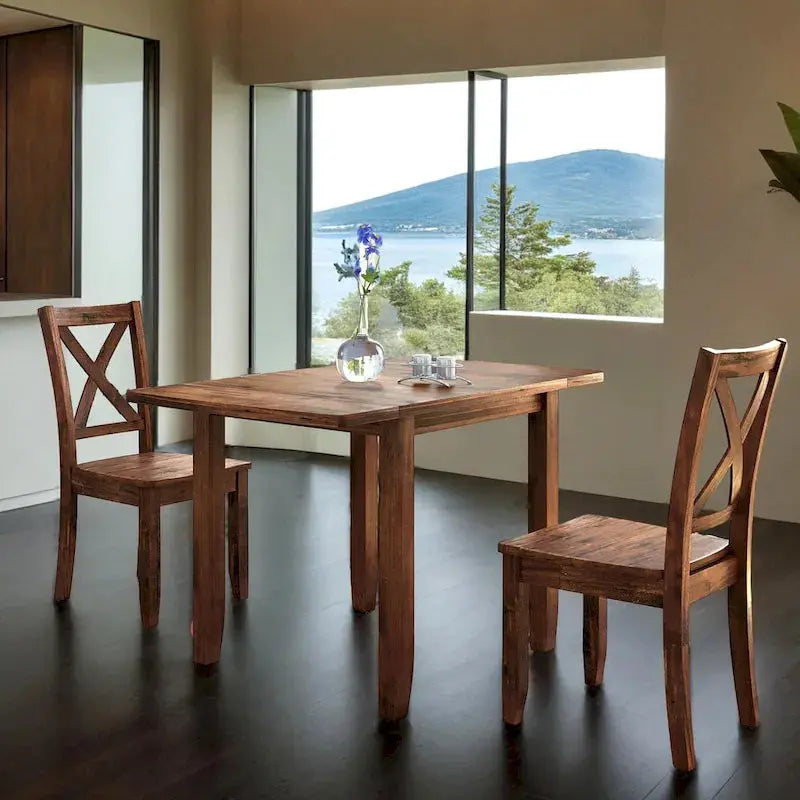 3-Piece Drop-Leaf Wood Dining Table Set With 2 X-Back Chairs - Brown