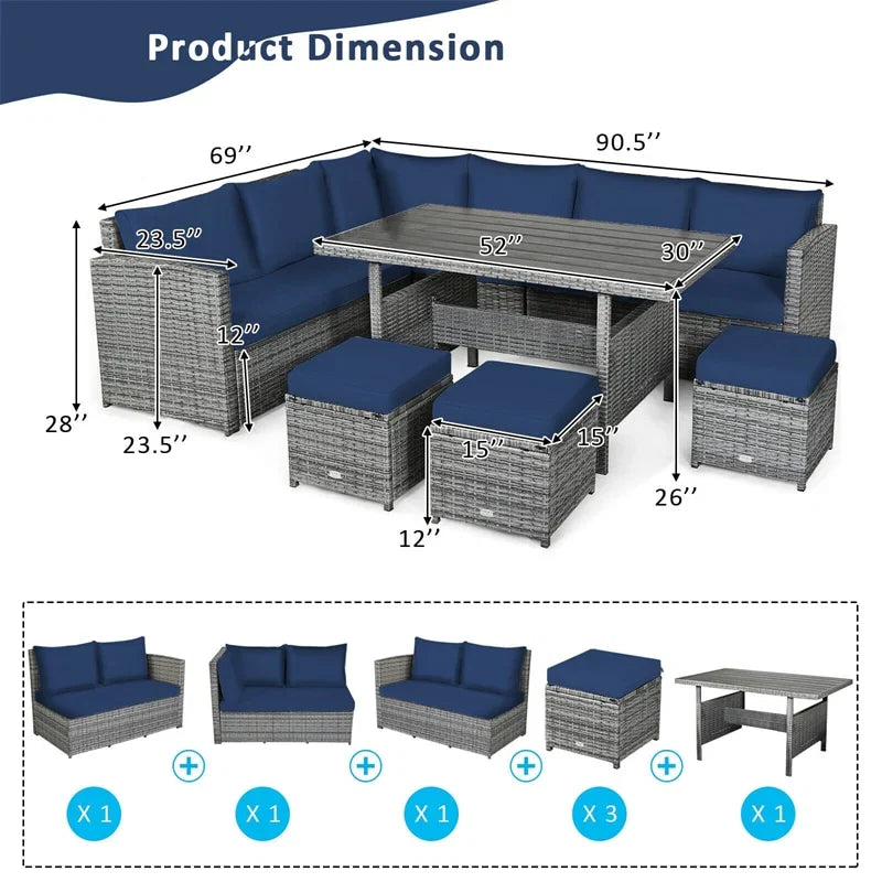 7-Piece Resin Wicker Outdoor Sectional Sofa Set With Dining Table, Ottomans And Cushions