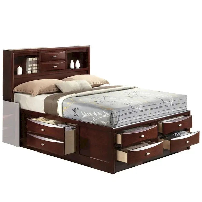 Panel-Style Queen Bookcase Bed With Built-In Drawers - Warm Brown Finish
